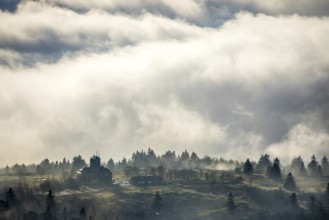 Aerial view, clouds over the Kahler Asten, Astenturm and hotel-restaurant, second highest mountain