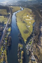Aerial view, Steger campsite, Ruhr river, Ruhr island, Ruhrauen nature reserve, Bommern, Witten,