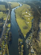 Aerial view, Steger campsite, Ruhr river, Ruhr island, Ruhrauen nature reserve, Bommern, Witten,