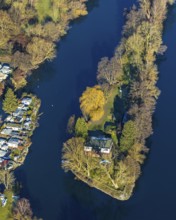 Aerial view, Steger campsite, Ruhr river, Ruhr island, Bommern, Witten, Ennepe-Ruhr district, Ruhr