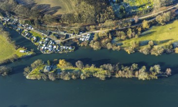 Aerial view, Steger campsite, Ruhr river, Ruhr island, Bommern, Witten, Ennepe-Ruhr district, Ruhr