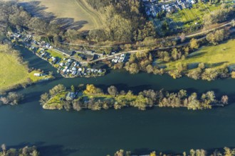 Aerial view, Steger campsite, Ruhr river, Ruhr island, Bommern, Witten, Ennepe-Ruhr district, Ruhr