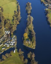 Aerial view, Steger campsite, Ruhr river, Ruhr island, Bommern, Witten, Ennepe-Ruhr district, Ruhr