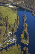 Aerial view, Steger campsite, Ruhr river, Ruhr island, Hohenstein hydroelectric power station,