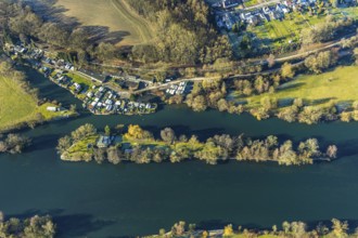 Aerial view, Steger campsite, Ruhr river, Ruhr island, Bommern, Witten, Ennepe-Ruhr district, Ruhr