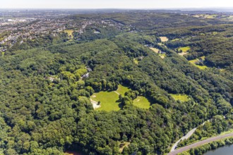 Aerial view, excursion destination Hohenstein, Hotel Haus Hohenstein, mountain monument, river