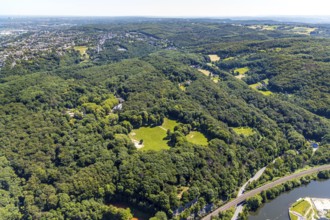 Aerial view, excursion destination Hohenstein, Hotel Haus Hohenstein, mountain monument, river