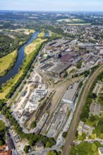 Aerial view, Deutsche Edelstahlwerke Witten, DEW, Ruhr river, Witten main railway station, view to