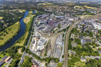 Aerial view, Deutsche Edelstahlwerke Witten, DEW, Ruhr river, Witten main railway station, view to