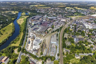 Aerial view, Deutsche Edelstahlwerke Witten, DEW, Ruhr river, Witten main railway station, view to