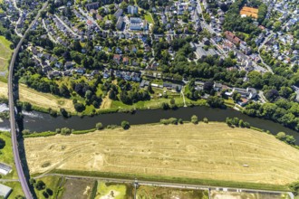 Aerial view, Ruhr river, possible natural outdoor pool on the riverside road, Ruhr viaduct Witten,