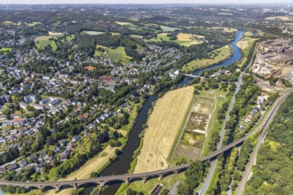 Aerial view, Ruhr river, possible natural outdoor pool on the riverside road, Ruhr viaduct Witten,