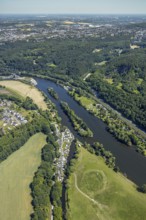 Aerial view, Steger campsite, Ruhr river, Ruhr island, Hohenstein hydroelectric power station,