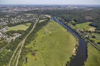 Aerial view, Steger campsite, Ruhr river, Ruhr island, new Haus Buschey retirement home, Bommern,