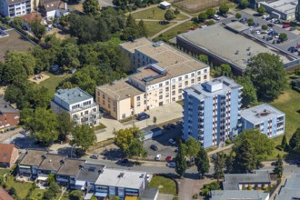 Aerial view, construction site of new Helfkamp retirement home, high-rise building, Stockum,