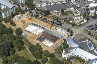 Aerial view, construction site of new campus building, Witten Herdecke University, Witten,