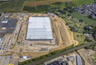 Aerial view, construction site of new Amazon logistics centre, industrial estate on Brauckstrasse,