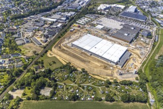 Aerial view, construction site of new Amazon logistics centre, industrial estate on Brauckstrasse,