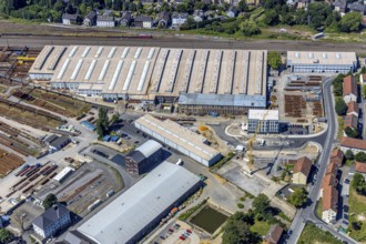 Aerial view, new building at the entrance to the Witten switchyard, site of the switchyard on