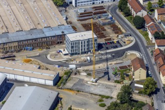 Aerial view, new building at the entrance to the Witten switchyard, site of the switchyard on