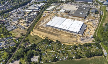 Aerial view, construction site of new Amazon logistics centre, industrial estate on Brauckstrasse,