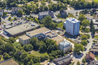 Aerial view, construction site of new Helfkamp retirement home, high-rise building, Stockum,