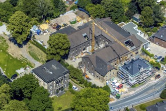 Aerial view, construction site for 30 lofts, former Scharfen machine factory, Scharfen Villa, Villa