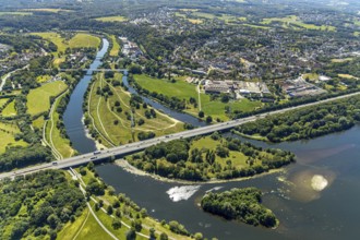 Aerial view, river Ruhr and 3 Ruhr bridges in Herbede, Lakebrücke, Ruhrbrücke Herbede, motorway