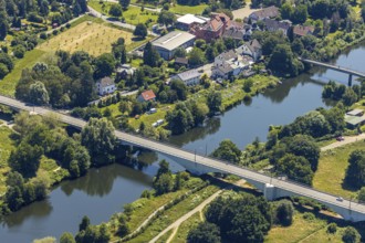 Aerial view, river Ruhr with 2 Ruhr bridges in Herbede, Lakebrücke, Ruhrbrücke Herbede, Witten,