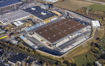 Aerial view, construction site of new Amazon logistics centre, industrial estate on Brauckstrasse,