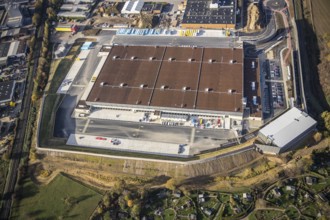 Aerial view, construction site of new Amazon logistics centre, industrial estate on Brauckstraße,