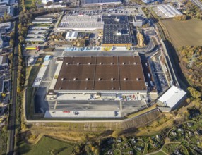 Aerial view, construction site of new Amazon logistics centre, industrial estate on Brauckstrasse,
