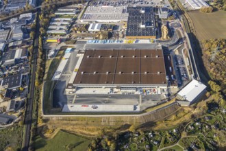 Aerial view, construction site of new Amazon logistics centre, industrial estate on Brauckstrasse,