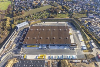 Aerial view, construction site of new Amazon logistics centre, industrial estate on Brauckstraße,