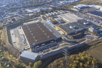 Aerial view, construction site of new Amazon logistics centre, industrial estate on Brauckstraße,
