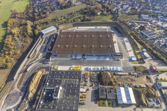 Aerial view, construction site of new Amazon logistics centre, industrial estate on Brauckstraße,