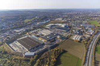 Aerial view, construction site of new Amazon logistics centre, industrial estate on Brauckstrasse,