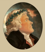 Jefferson shown as a philosopher, patriote and friend, wearing laurel crown, portrait of Thomas