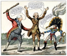 An Anti-Jefferson political cartoon on the Embargo Act in 1807, Jefferson is robbed by England and