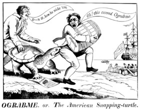 An Anti-Jefferson political cartoon on the Embargo Act in 1807, British traders keeping away the