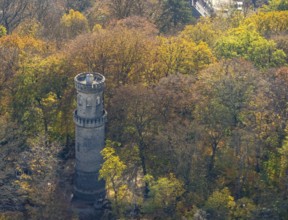 Aerial view, Helenenturm in autumn forest, Witten, Ruhr area, North Rhine-Westphalia, Germany