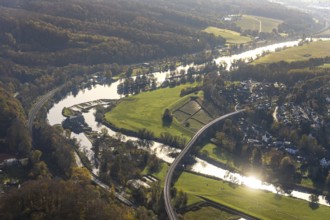 Aerial view, Ruhr river, Ruhr island, Ruhr viaduct, Hohenstein hydroelectric power station,