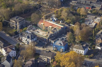 Aerial view, construction site for 30 lofts, former Scharfen machine factory, Scharfen Villa, Villa