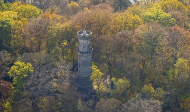 Aerial view, Helenenturm in autumn forest, Witten, Ruhr area, North Rhine-Westphalia, Germany