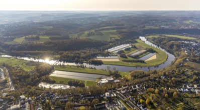 Aerial view, river Ruhr, Ruhr loop, water basin of Wasserwerke Westfalen GmbH, Heven with view to