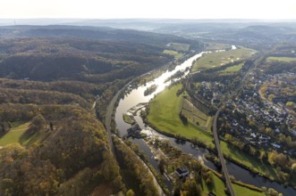 Aerial view, Ruhr river, Ruhr island, Ruhr viaduct, Hohenstein hydroelectric power station,
