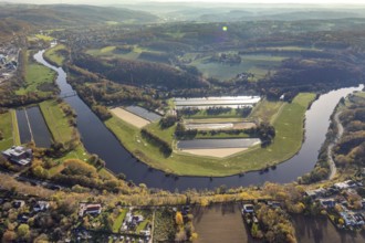 Aerial view, river Ruhr, Ruhr loop, water basin of Wasserwerke Westfalen GmbH, Heven with view to