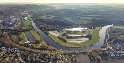 Aerial view, river Ruhr, Ruhr loop, water basin of Wasserwerke Westfalen GmbH, Heven with view to