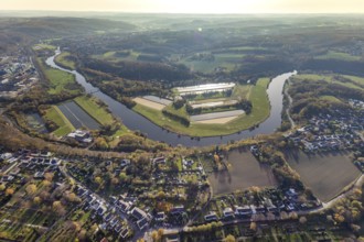 Aerial view, river Ruhr, Ruhr loop, water basin of Wasserwerke Westfalen GmbH, Heven with view to