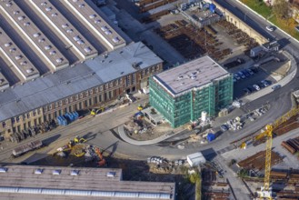 Aerial view, overview of Witten switchyard, Kronenstraße access road with new building,